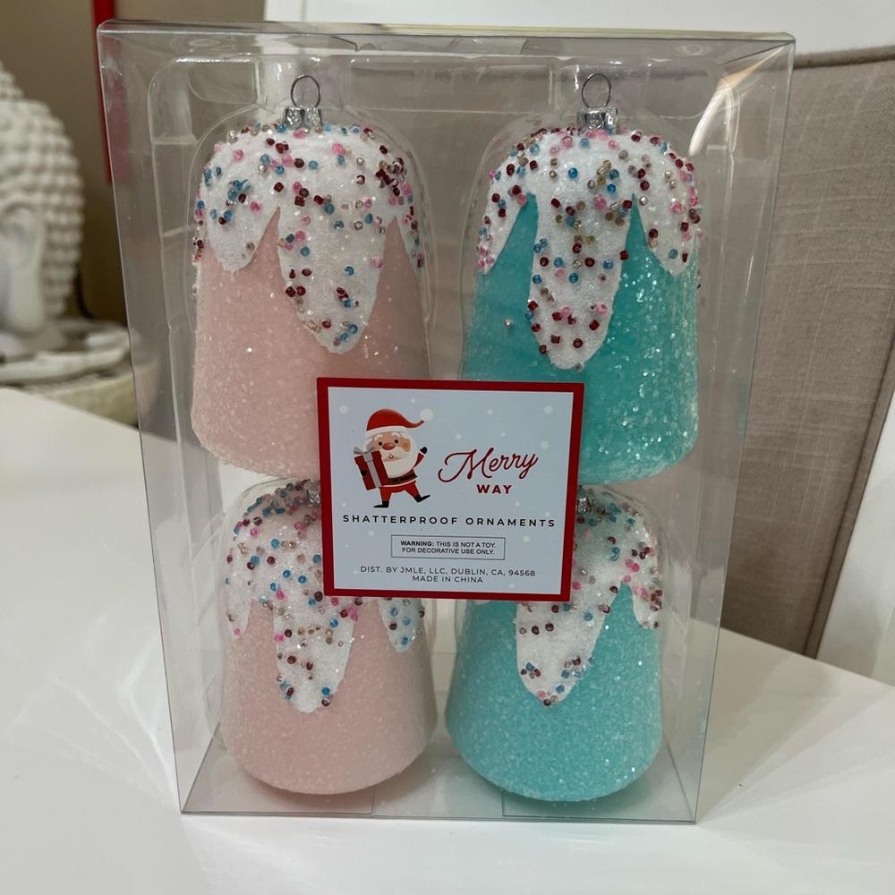 Merry Way (4) Iced Shatterproof Ornaments Bakery Pastel Theme Decor